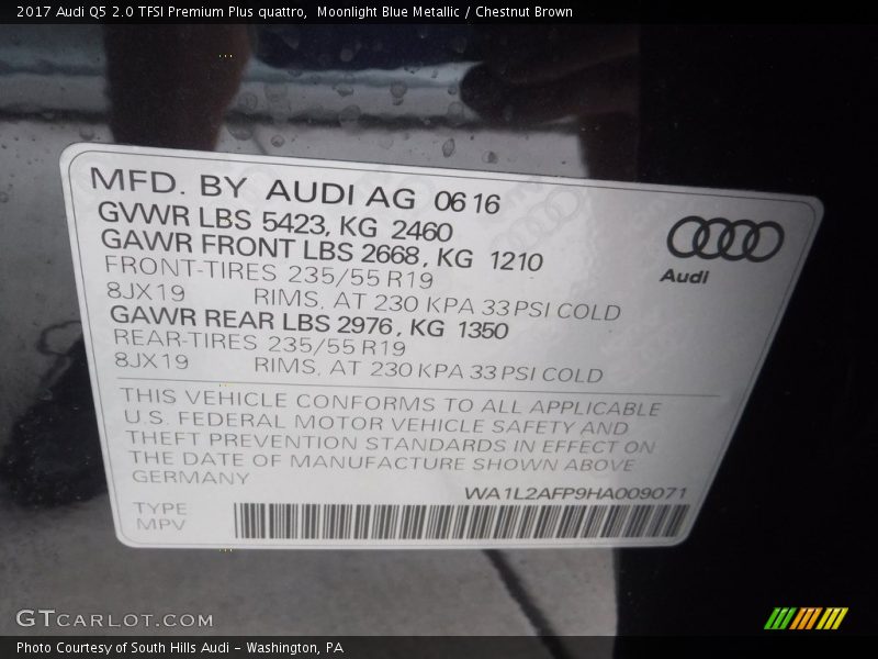 Moonlight Blue Metallic / Chestnut Brown 2017 Audi Q5 2.0 TFSI Premium Plus quattro