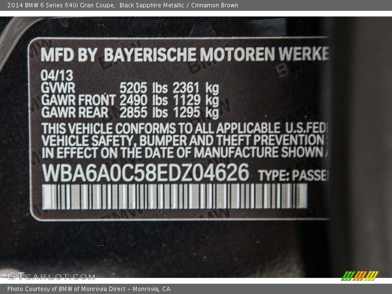 Black Sapphire Metallic / Cinnamon Brown 2014 BMW 6 Series 640i Gran Coupe