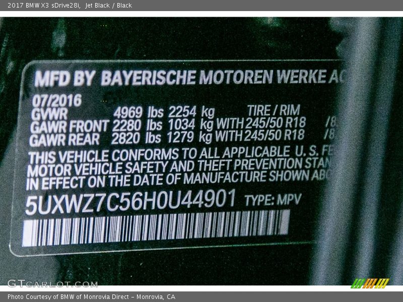 Jet Black / Black 2017 BMW X3 sDrive28i