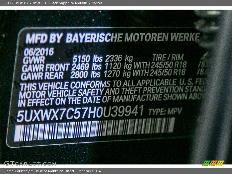 Black Sapphire Metallic / Oyster 2017 BMW X3 xDrive35i