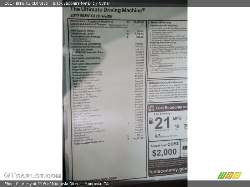 Black Sapphire Metallic / Oyster 2017 BMW X3 xDrive35i