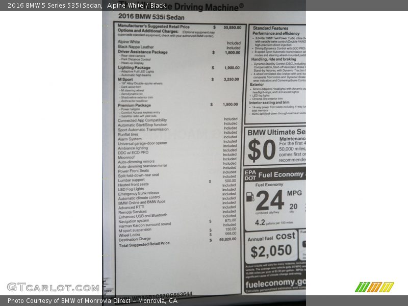 Alpine White / Black 2016 BMW 5 Series 535i Sedan