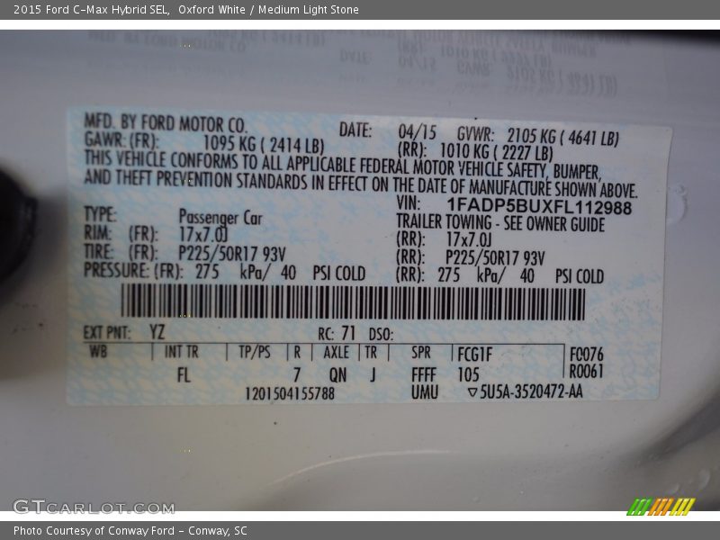 Oxford White / Medium Light Stone 2015 Ford C-Max Hybrid SEL