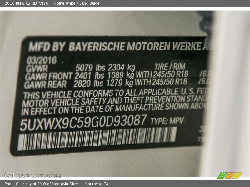 Alpine White / Sand Beige 2016 BMW X3 xDrive28i