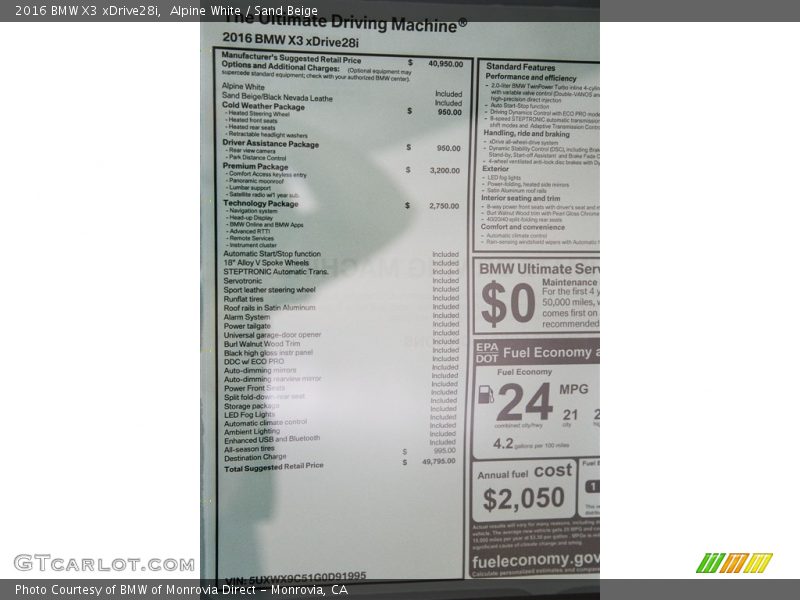 Alpine White / Sand Beige 2016 BMW X3 xDrive28i
