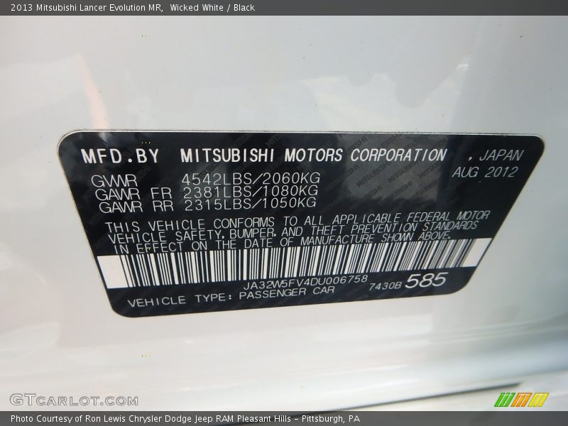 Wicked White / Black 2013 Mitsubishi Lancer Evolution MR