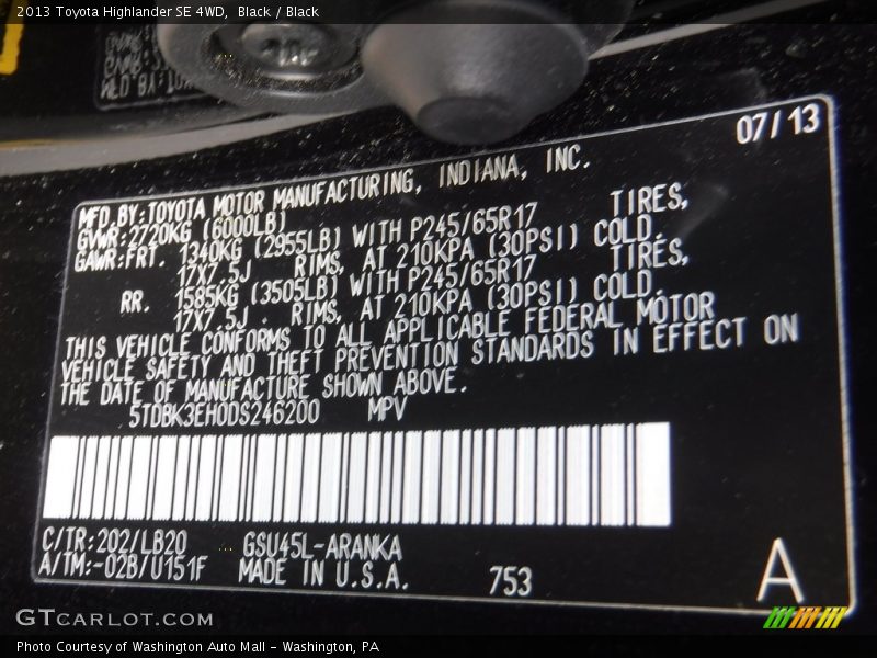 Black / Black 2013 Toyota Highlander SE 4WD
