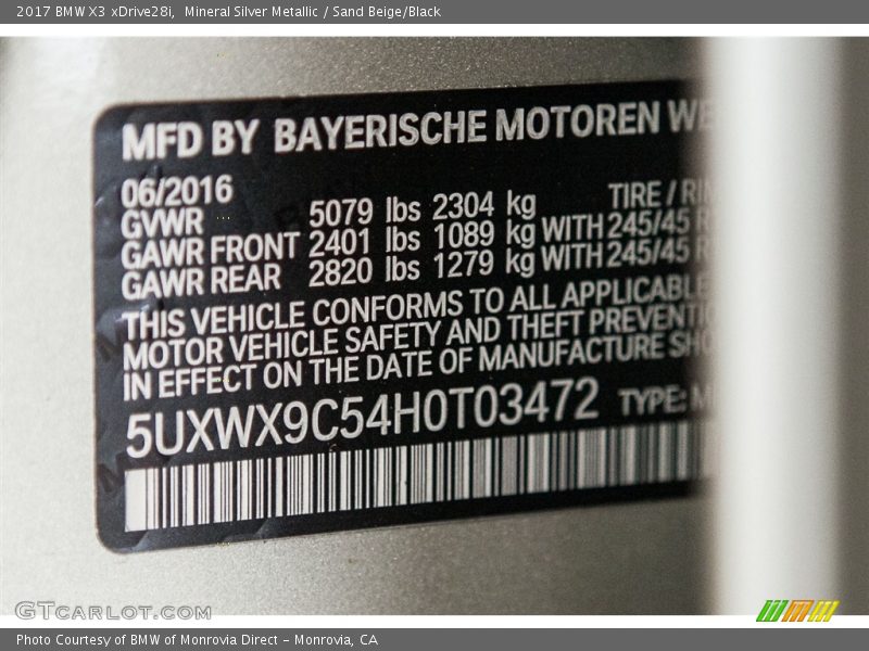 Mineral Silver Metallic / Sand Beige/Black 2017 BMW X3 xDrive28i