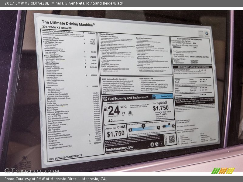  2017 X3 xDrive28i Window Sticker