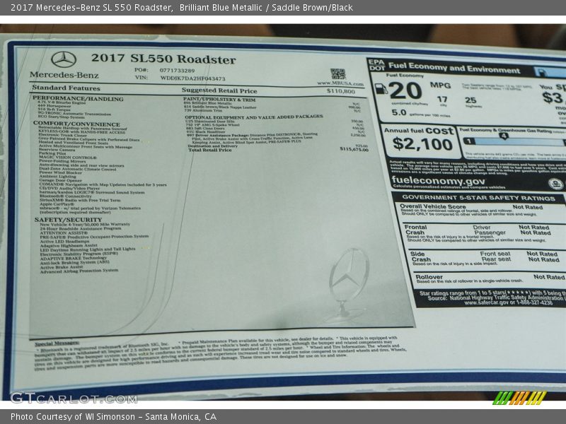  2017 SL 550 Roadster Window Sticker