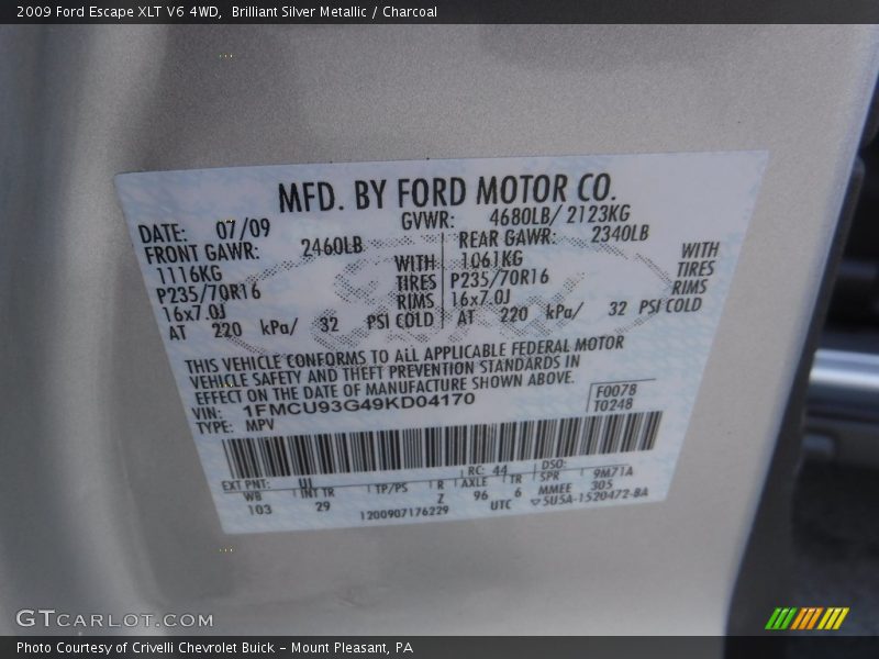 Brilliant Silver Metallic / Charcoal 2009 Ford Escape XLT V6 4WD