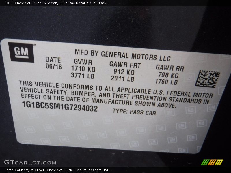 Blue Ray Metallic / Jet Black 2016 Chevrolet Cruze LS Sedan