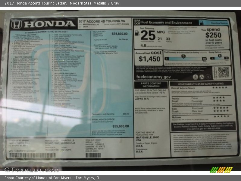 Modern Steel Metallic / Gray 2017 Honda Accord Touring Sedan