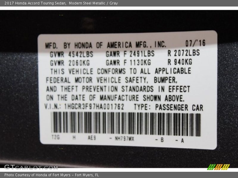 Modern Steel Metallic / Gray 2017 Honda Accord Touring Sedan