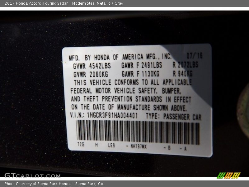 Modern Steel Metallic / Gray 2017 Honda Accord Touring Sedan