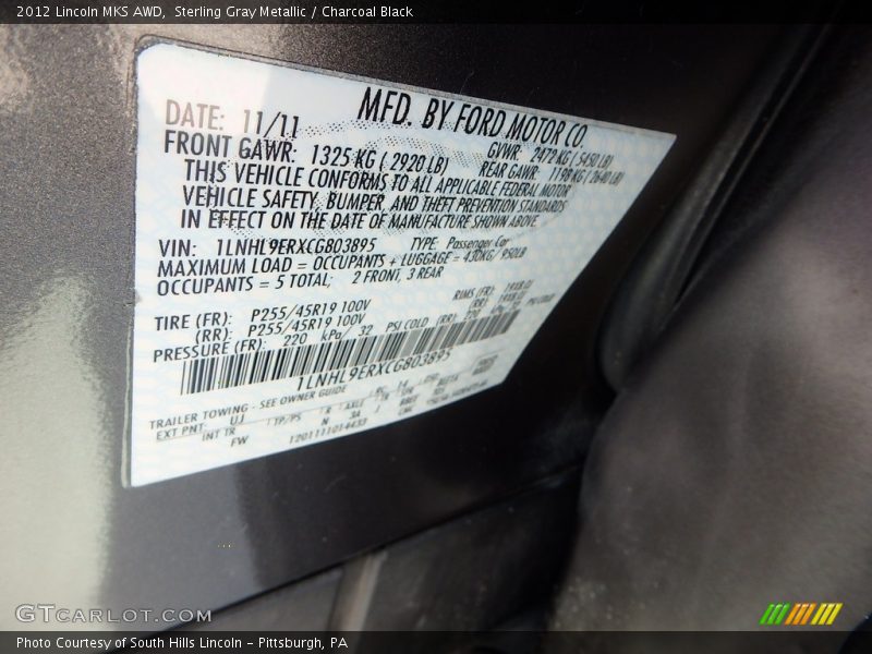 Sterling Gray Metallic / Charcoal Black 2012 Lincoln MKS AWD