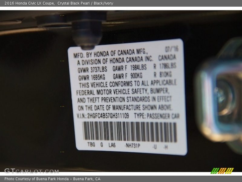 Crystal Black Pearl / Black/Ivory 2016 Honda Civic LX Coupe