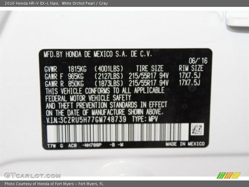 White Orchid Pearl / Gray 2016 Honda HR-V EX-L Navi