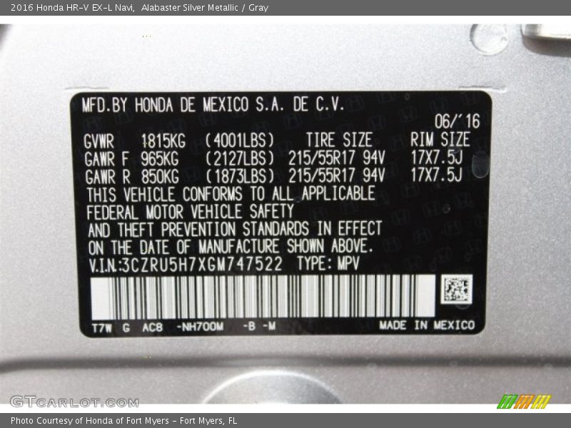 Alabaster Silver Metallic / Gray 2016 Honda HR-V EX-L Navi