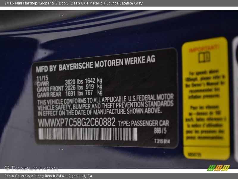 Deep Blue Metallic / Lounge Satellite Gray 2016 Mini Hardtop Cooper S 2 Door