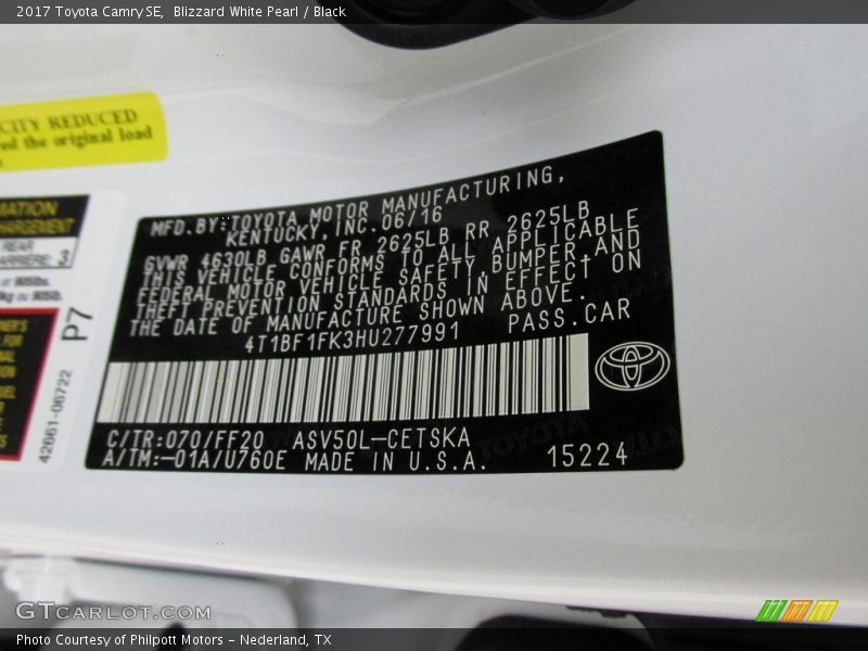 2017 Camry SE Blizzard White Pearl Color Code 070