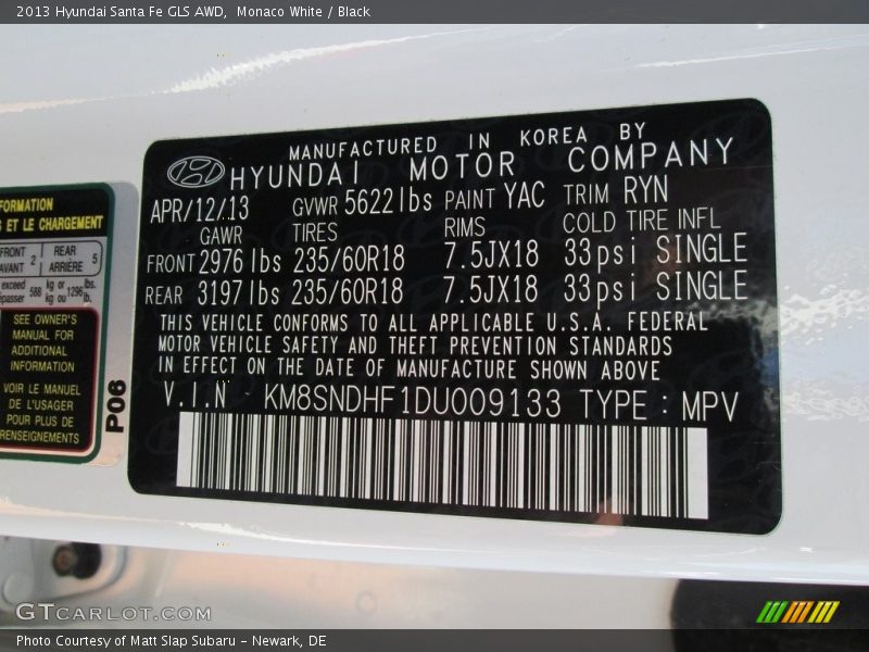 Monaco White / Black 2013 Hyundai Santa Fe GLS AWD