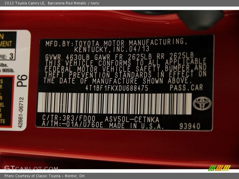 Barcelona Red Metallic / Ivory 2013 Toyota Camry LE