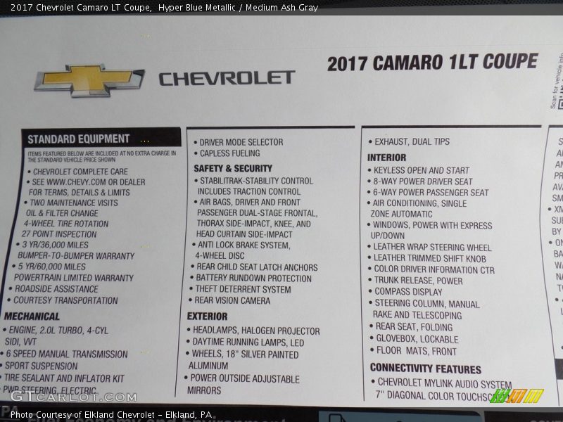  2017 Camaro LT Coupe Window Sticker