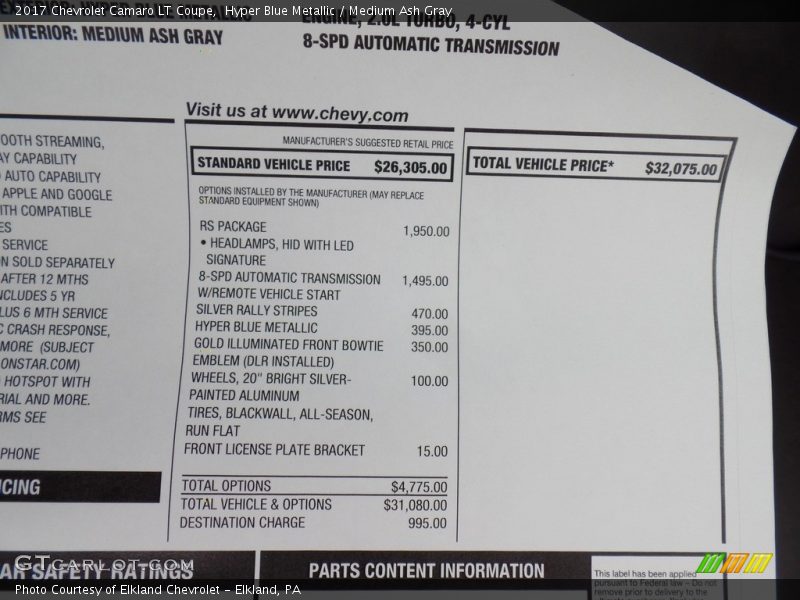  2017 Camaro LT Coupe Window Sticker