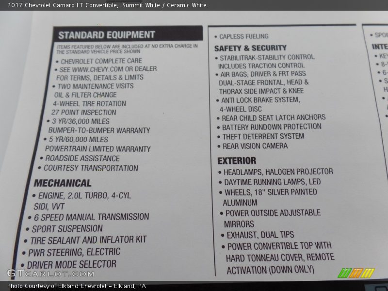 Summit White / Ceramic White 2017 Chevrolet Camaro LT Convertible