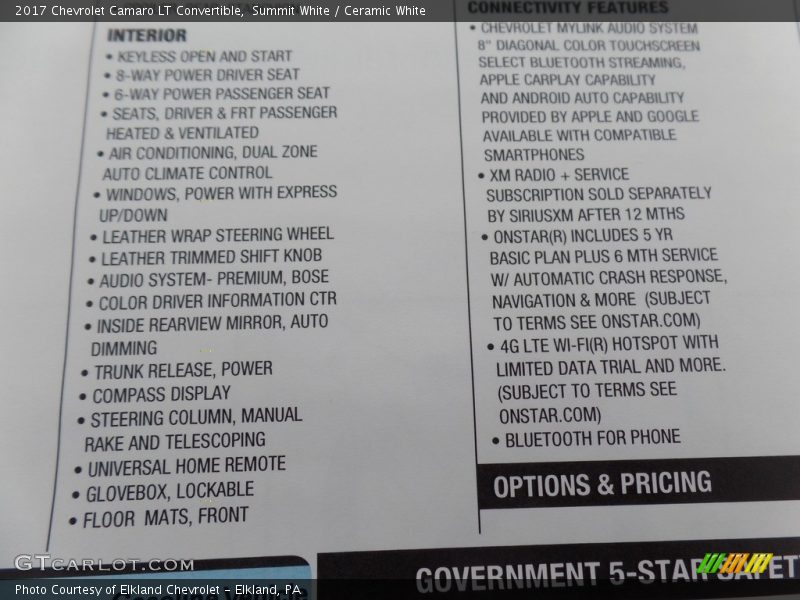 Summit White / Ceramic White 2017 Chevrolet Camaro LT Convertible