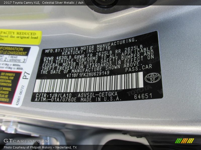 2017 Camry XLE Celestial Silver Metallic Color Code 1J9