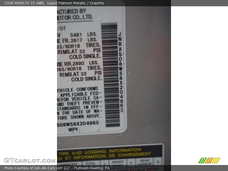 Liquid Platinum Metallic / Graphite 2008 Infiniti FX 35 AWD