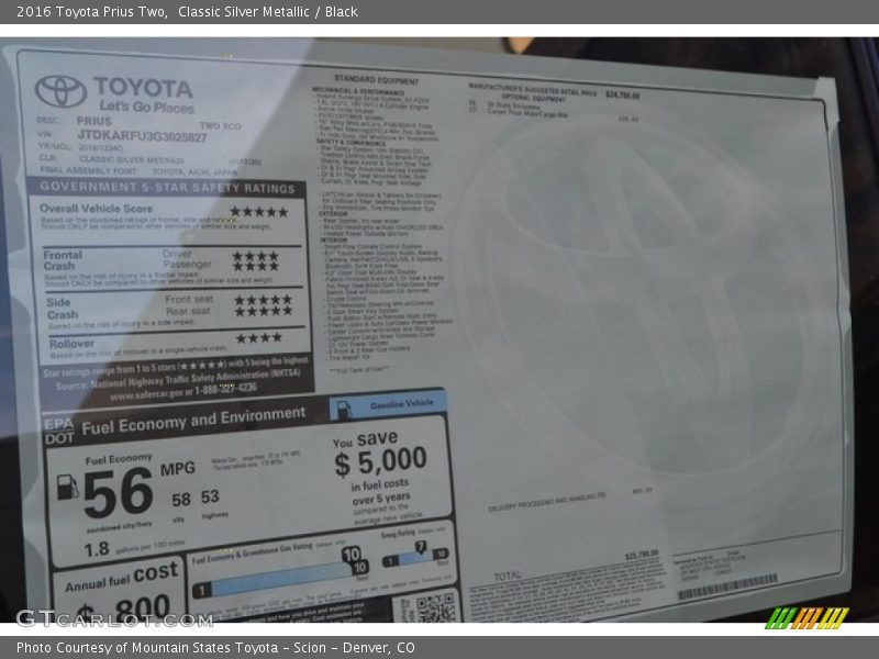 Classic Silver Metallic / Black 2016 Toyota Prius Two