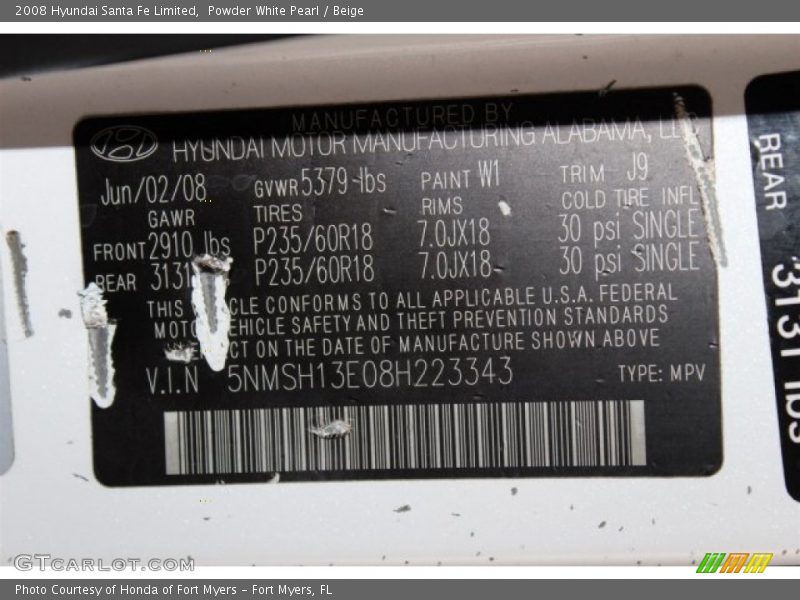 Powder White Pearl / Beige 2008 Hyundai Santa Fe Limited