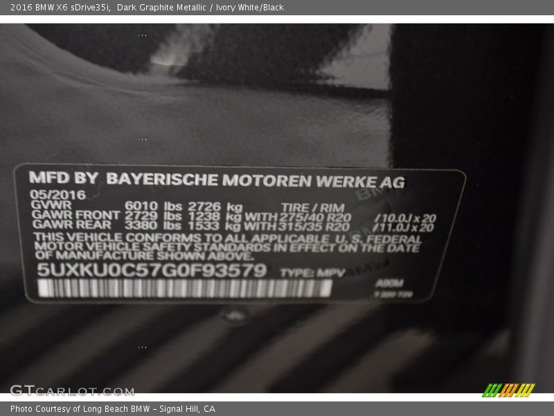 Dark Graphite Metallic / Ivory White/Black 2016 BMW X6 sDrive35i