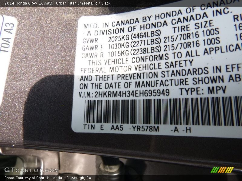 Urban Titanium Metallic / Black 2014 Honda CR-V LX AWD