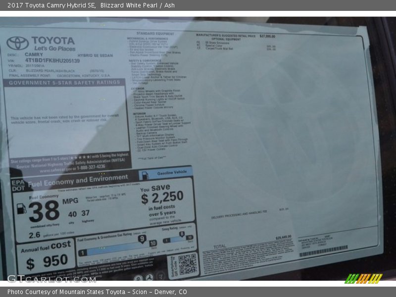 Blizzard White Pearl / Ash 2017 Toyota Camry Hybrid SE