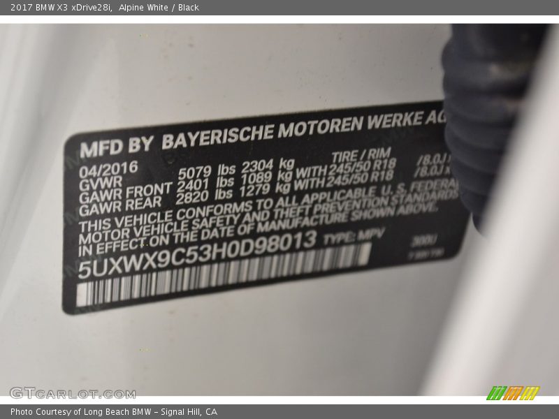 Alpine White / Black 2017 BMW X3 xDrive28i