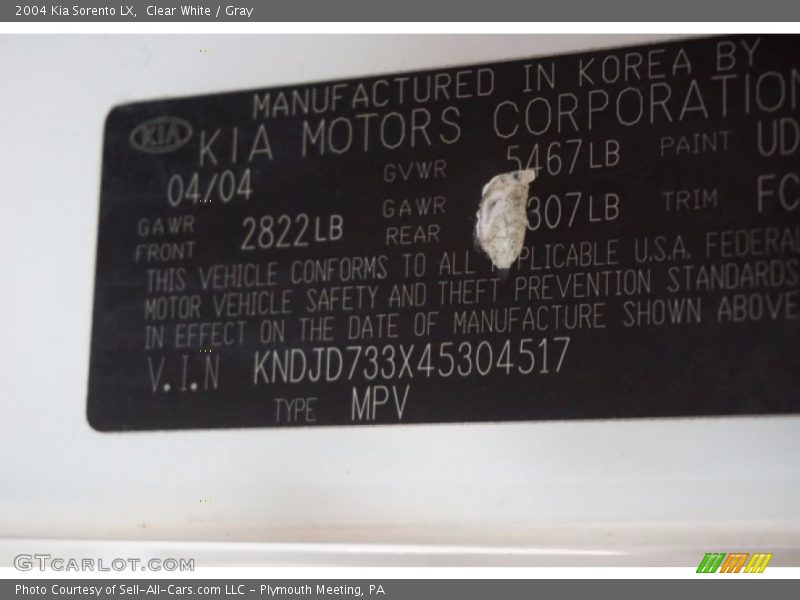 Clear White / Gray 2004 Kia Sorento LX