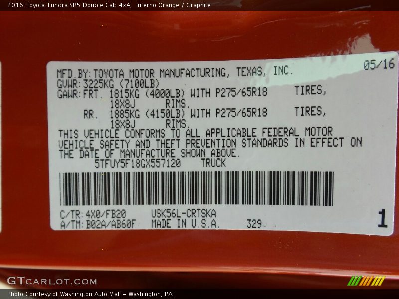 2016 Tundra SR5 Double Cab 4x4 Inferno Orange Color Code 4X0