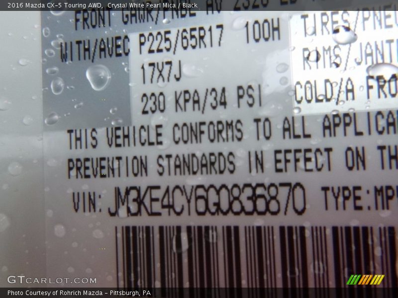 Crystal White Pearl Mica / Black 2016 Mazda CX-5 Touring AWD
