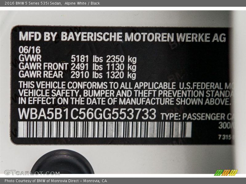 Alpine White / Black 2016 BMW 5 Series 535i Sedan