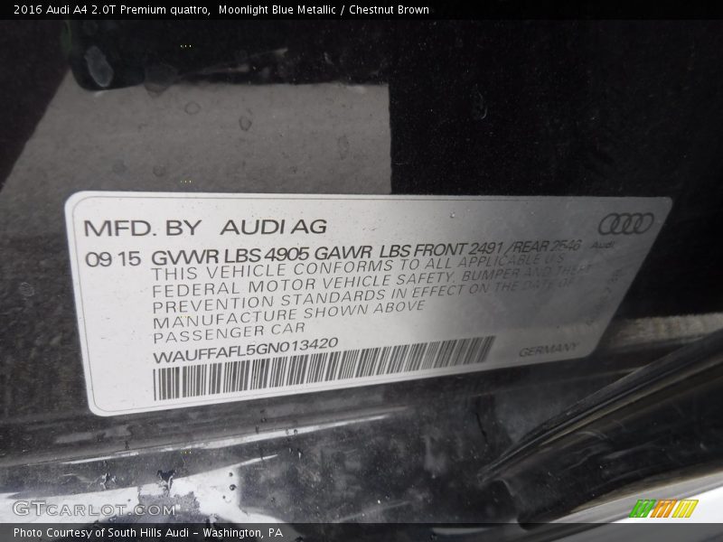 Moonlight Blue Metallic / Chestnut Brown 2016 Audi A4 2.0T Premium quattro
