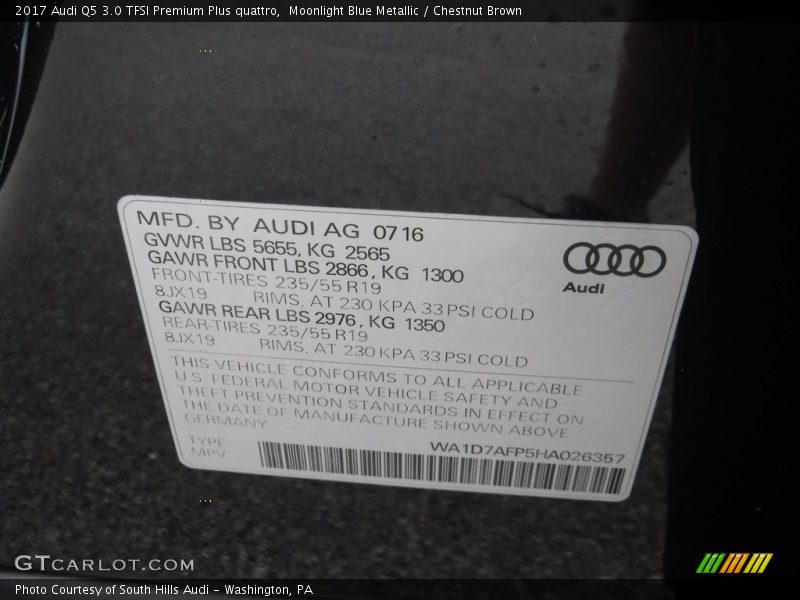 Moonlight Blue Metallic / Chestnut Brown 2017 Audi Q5 3.0 TFSI Premium Plus quattro
