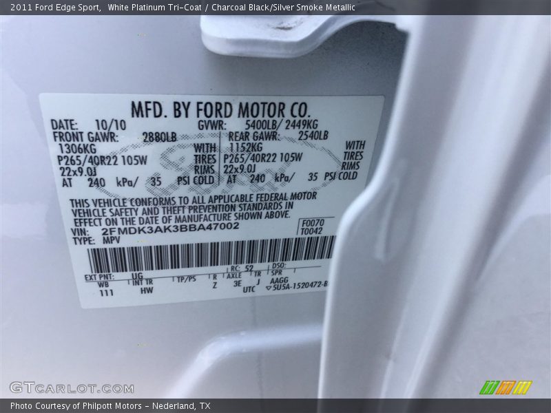White Platinum Tri-Coat / Charcoal Black/Silver Smoke Metallic 2011 Ford Edge Sport