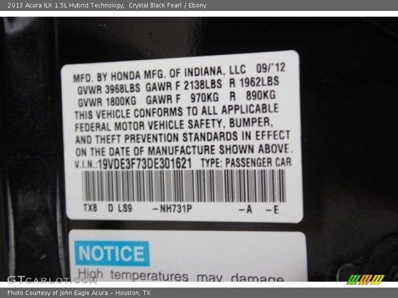 Crystal Black Pearl / Ebony 2013 Acura ILX 1.5L Hybrid Technology