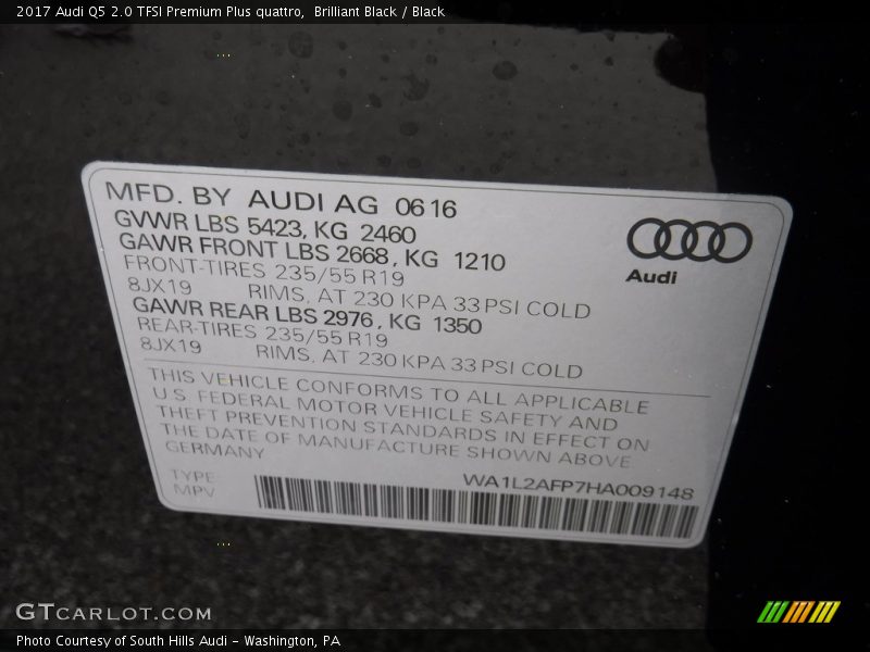 Brilliant Black / Black 2017 Audi Q5 2.0 TFSI Premium Plus quattro
