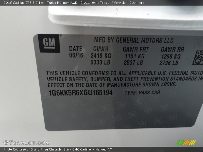 Crystal White Tricoat / Very Light Cashmere 2016 Cadillac CT6 3.0 Twin-Turbo Platinum AWD