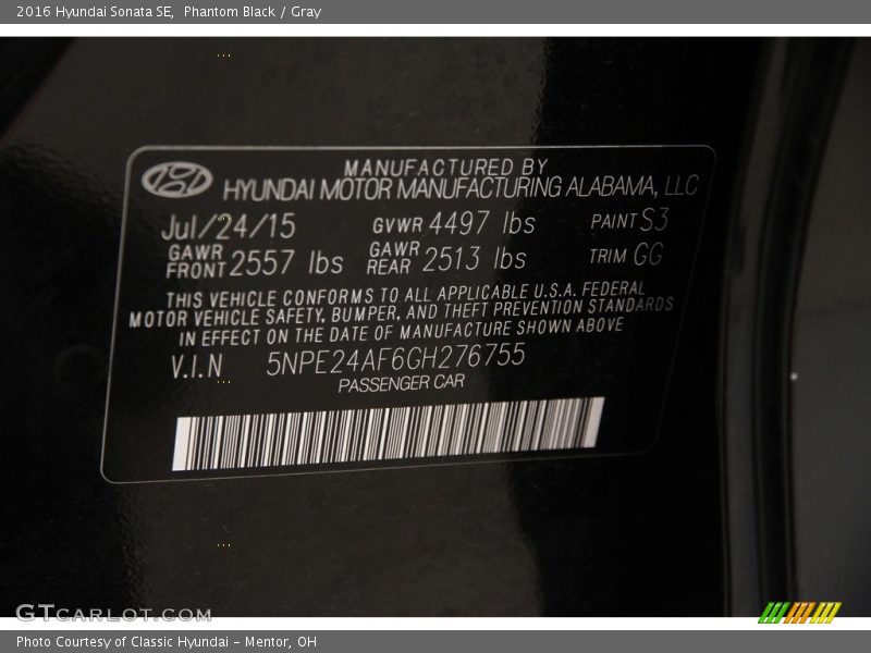 Phantom Black / Gray 2016 Hyundai Sonata SE
